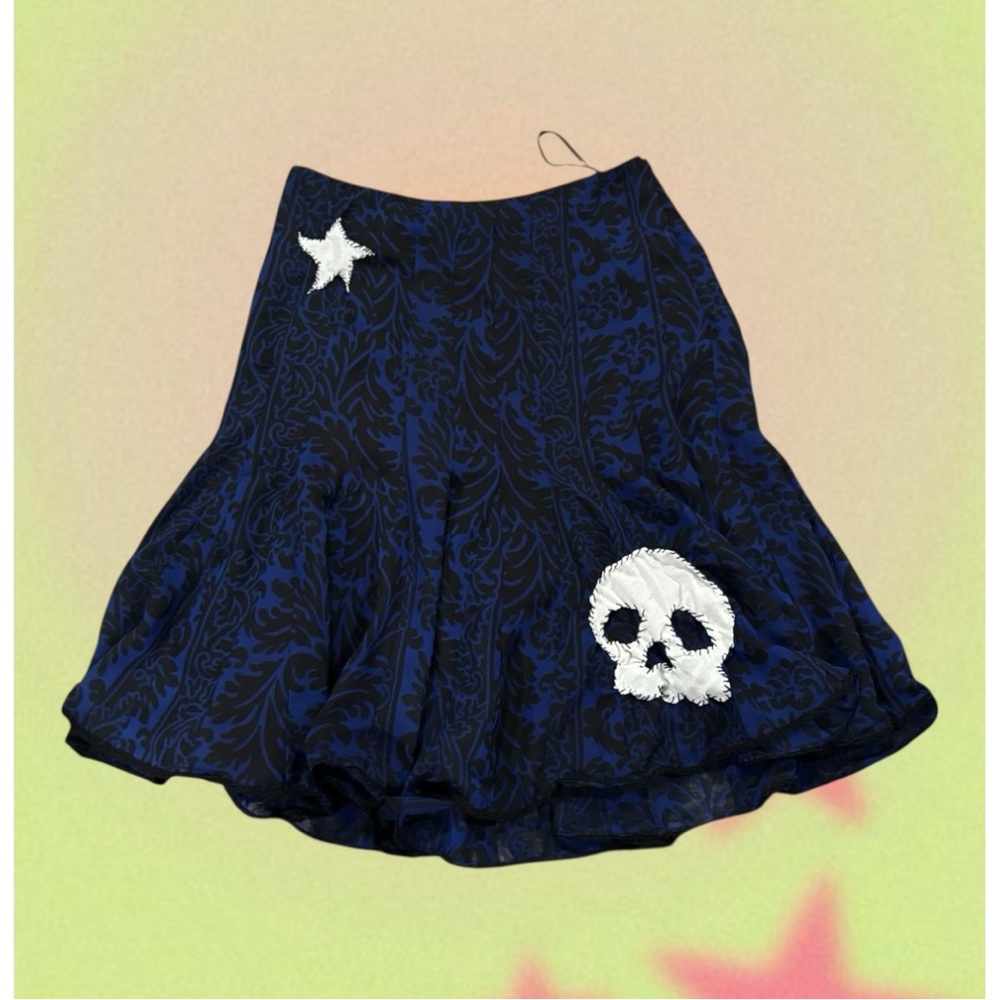 Blue and Black Patterned Skirt with Skull Detail